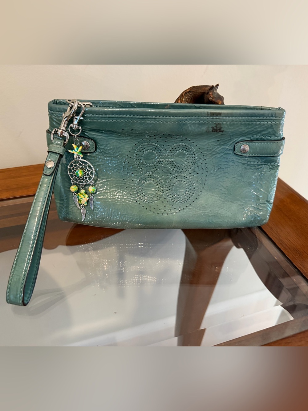 Coach Audrey 45484 Teal Patent Leather Perforated Logo Wristlet Clutch